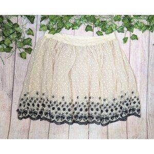 FREE PEOPLE Women's Mesh Lace Skirt Beige With Black Floral Embroidery Sz M